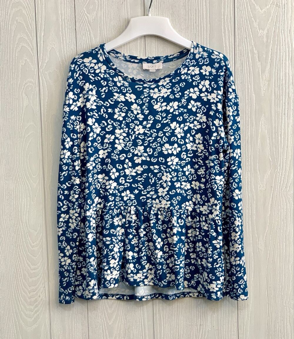 Loft Outlet Teal Ivory Floral Peplum Top Small NWT